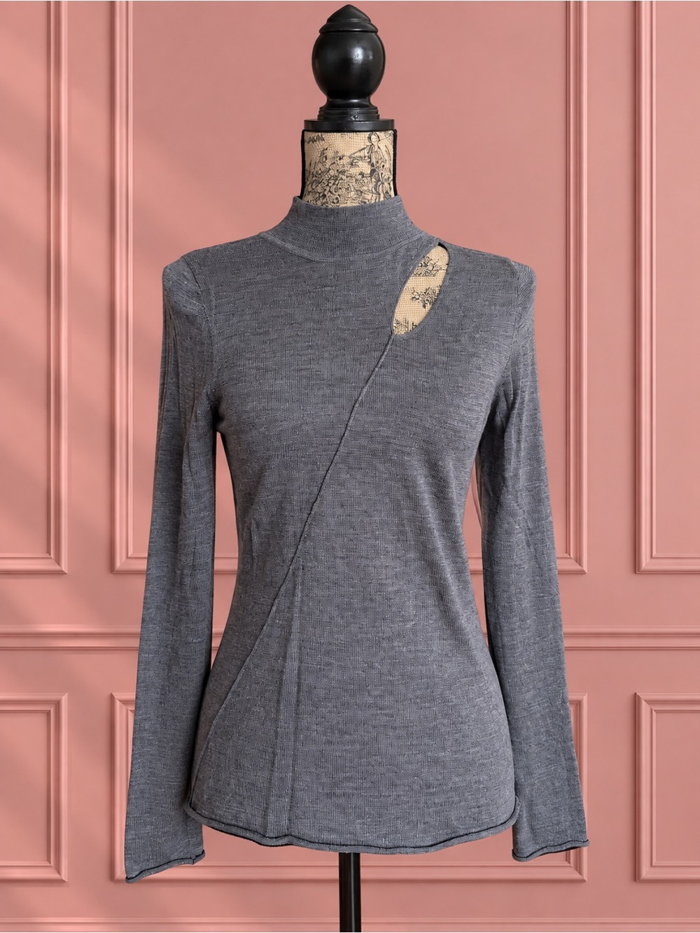 Max Studio Merino Wool Gray Asymmetric Cutout Long-Sleeve Top